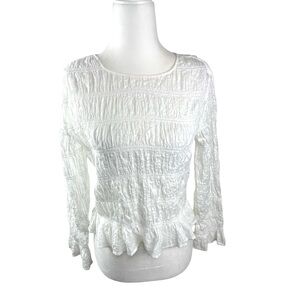 Frame Top S-M Ruched Blouse Boat Neck Long Sleeves White  Cotton Classic Design